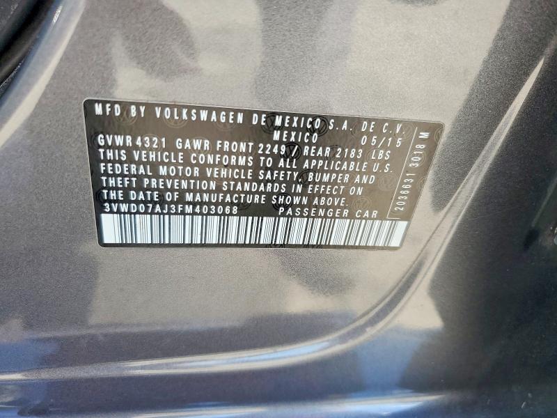 2015 Volkswagen Jetta მანქანა იყიდება აუქციონზე, vin: 3VWD07AJ3FM403068, აუქციონის ნომერი: 65231376
