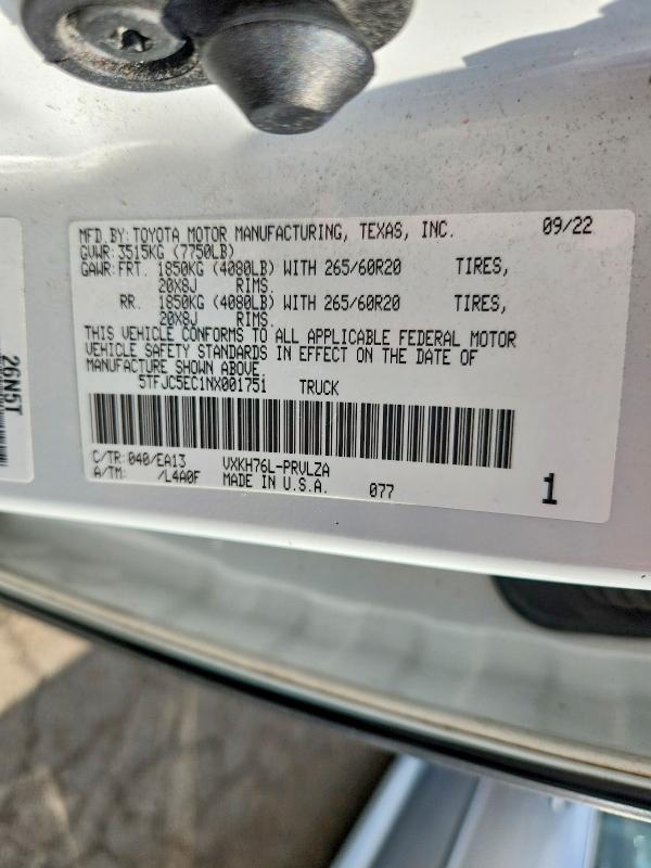 Aukcja sprzedaży 2022 Toyota Tundra, vin: 5TFJC5EC1NX001751, numer aukcji: 65230906