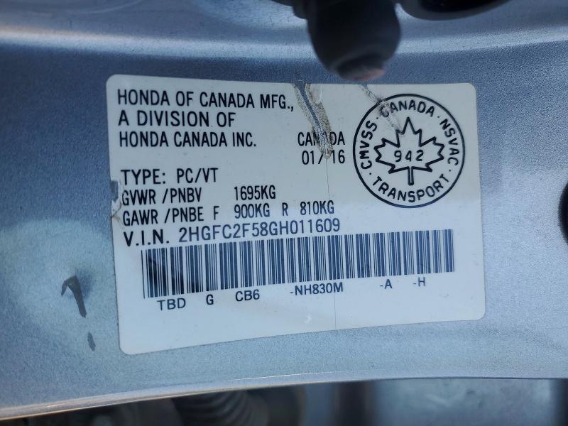 63573926 :رقم المزاد ، 2HGFC2F58GH011609 vin ، 2016 Honda Civic مزاد بيع