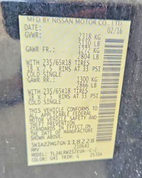 2016 Nissan Murano მანქანა იყიდება აუქციონზე, vin: 5N1AZ2MG7GN118228, აუქციონის ნომერი: 64261956