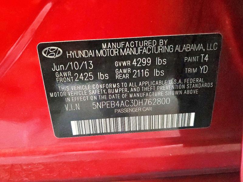 67285146 :رقم المزاد ، 5NPEB4AC3DH762800 vin ، 2013 Hyundai Sonata مزاد بيع
