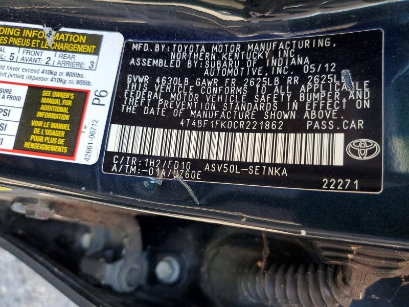 Продаж на аукціоні авто 2012 Toyota Camry, vin: 4T4BF1FK0CR221862, номер лоту: 64788486