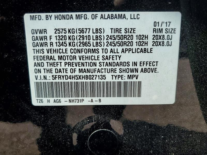 62813076 :رقم المزاد ، 5FRYD4H5XHB027135 vin ، 2017 Acura Mdx مزاد بيع