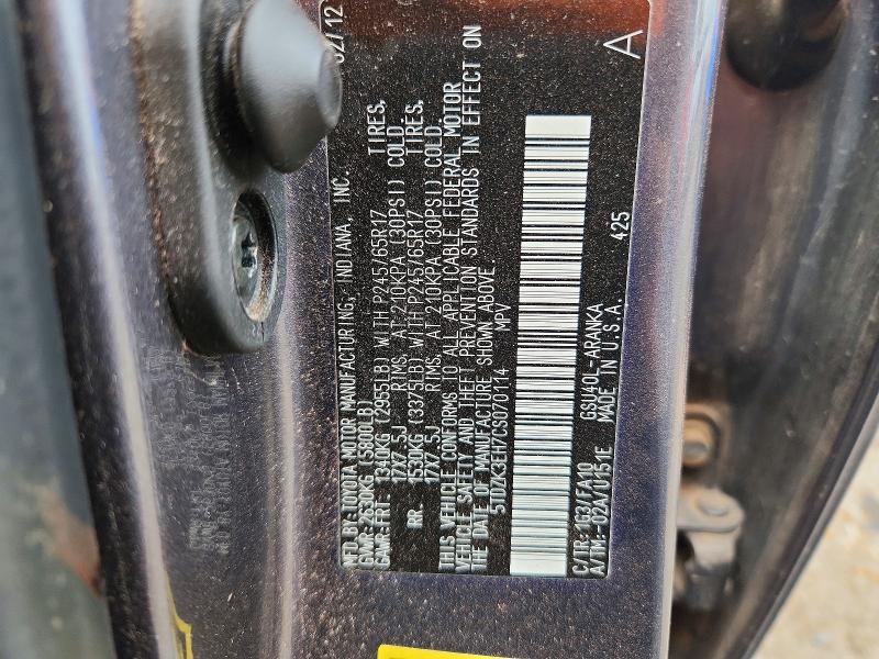 Aukcja sprzedaży 2012 Toyota Highlander, vin: 5TDZK3EH7CS070114, numer aukcji: 65122376