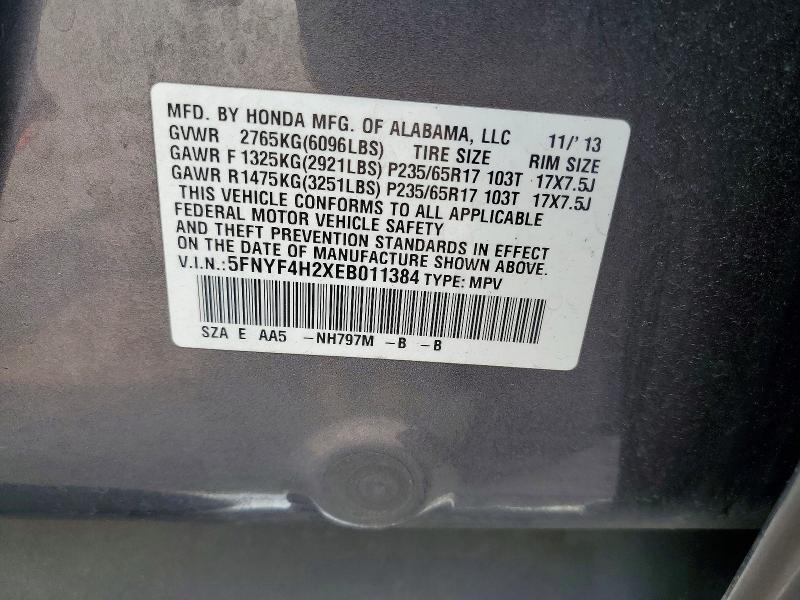 2014 Honda Pilot მანქანა იყიდება აუქციონზე, vin: 5FNYF4H2XEB011384, აუქციონის ნომერი: 63672436