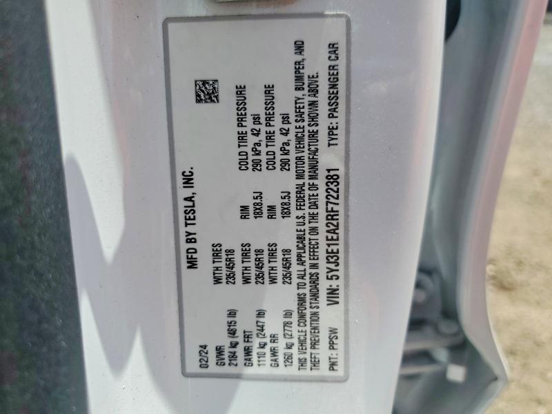 Aukcja sprzedaży 2024 Tesla Model 3, vin: 5YJ3E1EA2RF722381, numer aukcji: 65343176