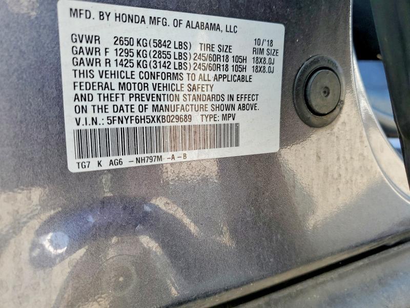 64127946 :رقم المزاد ، 5FNYF6H5XKB029689 vin ، 2019 Honda Pilot مزاد بيع