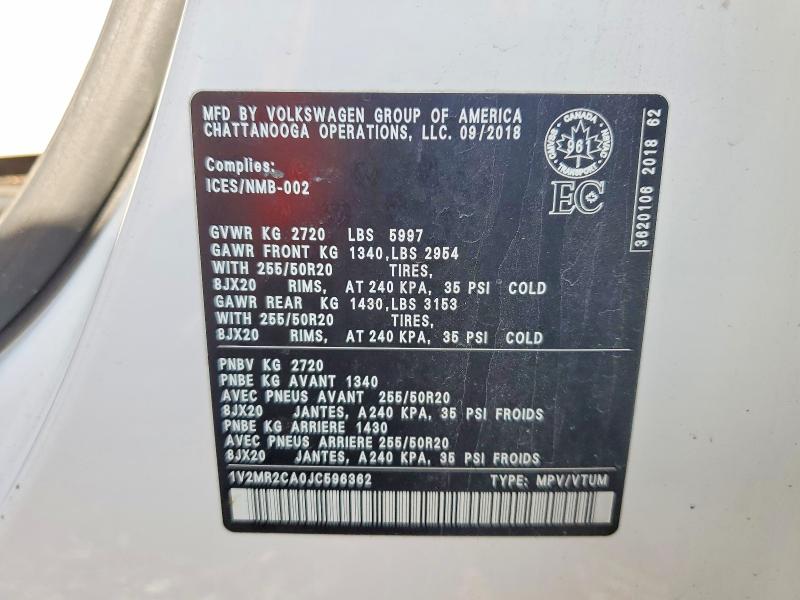 Продажа на аукционе авто 2018 Volkswagen Atlas, vin: 1V2MR2CA0JC596362, номер лота: 65818076