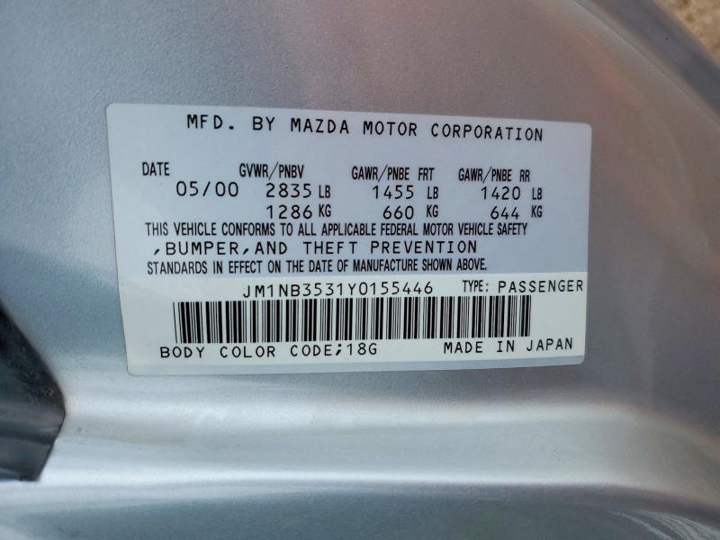 2000 Mazda Mx-5 Miata მანქანა იყიდება აუქციონზე, vin: JM1NB3531Y0155446, აუქციონის ნომერი: 65002946