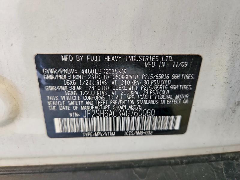 2010 Subaru Forester მანქანა იყიდება აუქციონზე, vin: JF2SH6AC3AG760060, აუქციონის ნომერი: 63656756