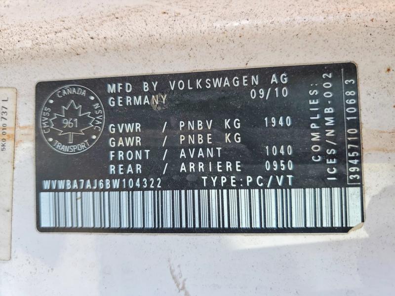 61945736 :رقم المزاد ، WVWBA7AJ6BW104322 vin ، 2011 Volkswagen Golf مزاد بيع