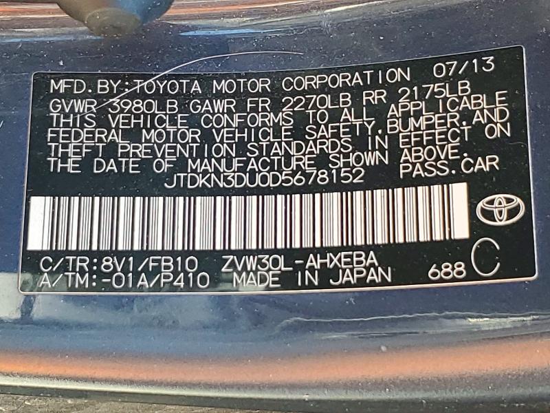 Aukcja sprzedaży 2013 Toyota Prius, vin: JTDKN3DU0D5678152, numer aukcji: 63445486