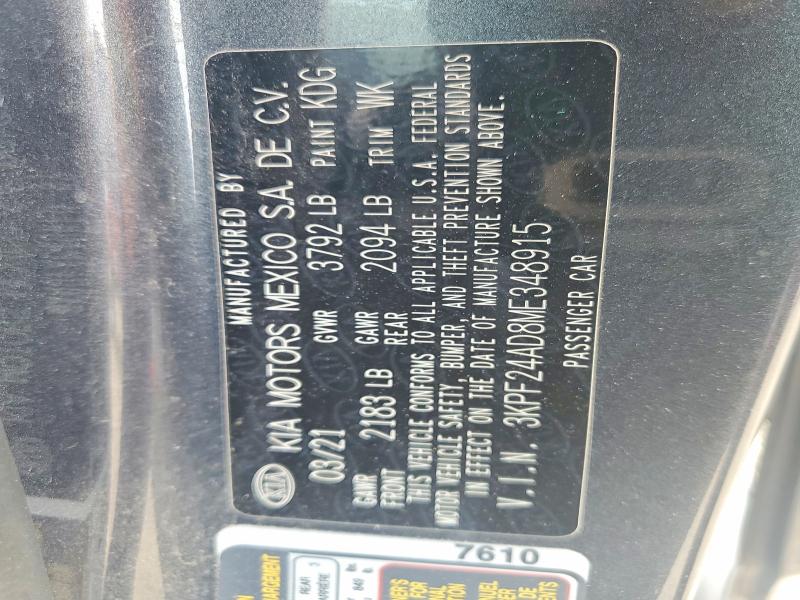 Aukcja sprzedaży 2021 Kia Forte, vin: 3KPF24AD8ME348915, numer aukcji: 64121046