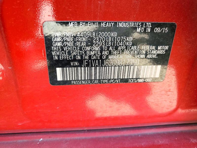Aukcja sprzedaży 2016 Subaru Wrx, vin: JF1VA1J62G9817350, numer aukcji: 65701436