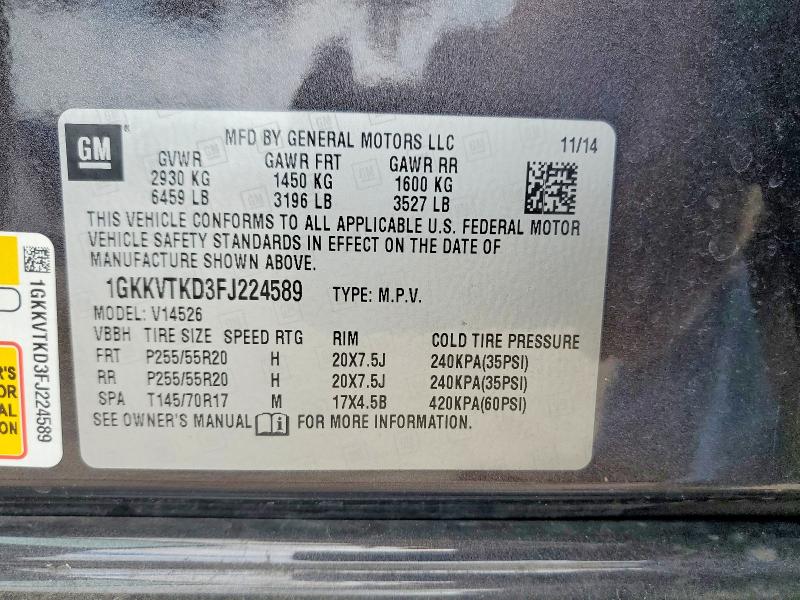 Aukcja sprzedaży 2015 Gmc Acadia, vin: 1GKKVTKD3FJ224589, numer aukcji: 63611666