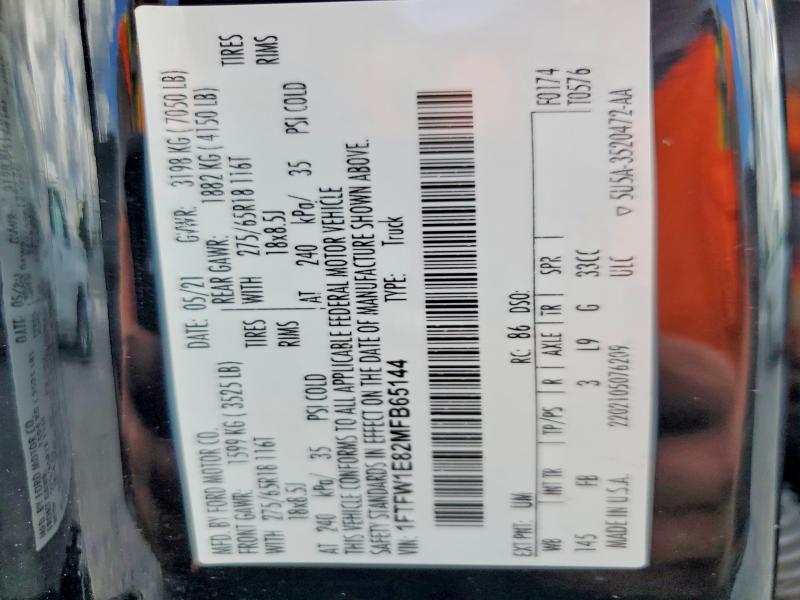 2021 Ford F150 მანქანა იყიდება აუქციონზე, vin: 1FTFW1E82MFB65144, აუქციონის ნომერი: 66381796