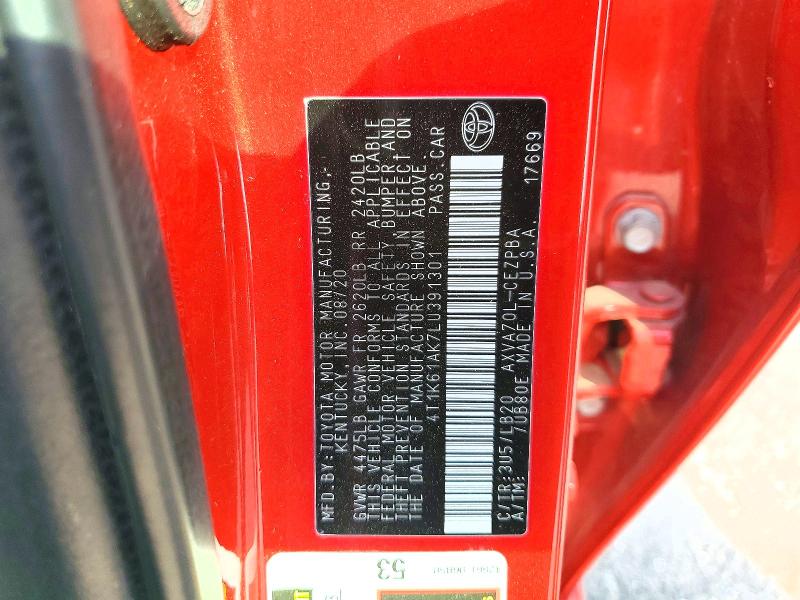 2020 Toyota Camry მანქანა იყიდება აუქციონზე, vin: 4T1K61AK7LU391301, აუქციონის ნომერი: 65668546