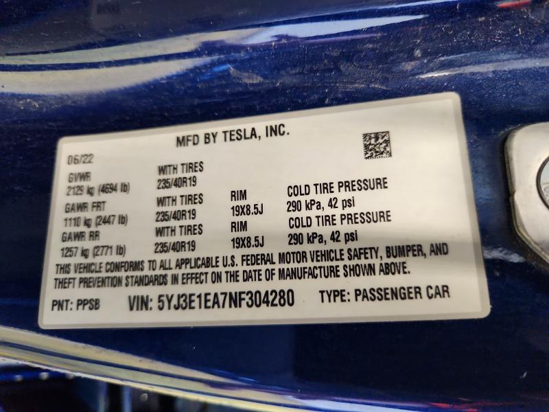 Продаж на аукціоні авто 2022 Tesla Model 3, vin: 5YJ3E1EA7NF304280, номер лоту: 66397996