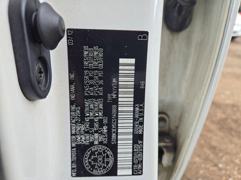 65541126 :رقم المزاد ، 5TDBK3EH5CS140808 vin ، 2012 Toyota Highlander مزاد بيع