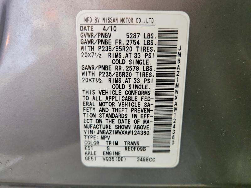 66989306 :رقم المزاد ، JN8AZ1MWXAW124360 vin ، 2010 Nissan Murano مزاد بيع