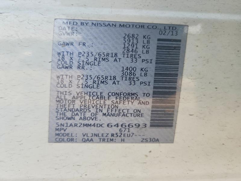 Продаж на аукціоні авто 2013 Nissan Pathfinder, vin: 5N1AR2MM4DC646693, номер лоту: 64937026