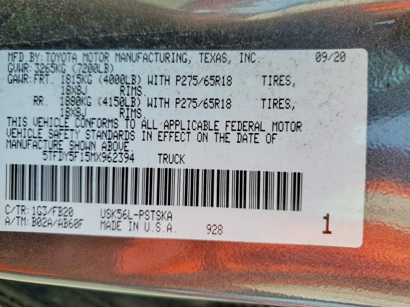 62901466 :رقم المزاد ، 5TFDY5F15MX962394 vin ، 2021 Toyota Tundra مزاد بيع