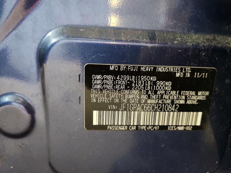 2012 Subaru Impreza მანქანა იყიდება აუქციონზე, vin: JF1GPAC66CH210842, აუქციონის ნომერი: 66082676