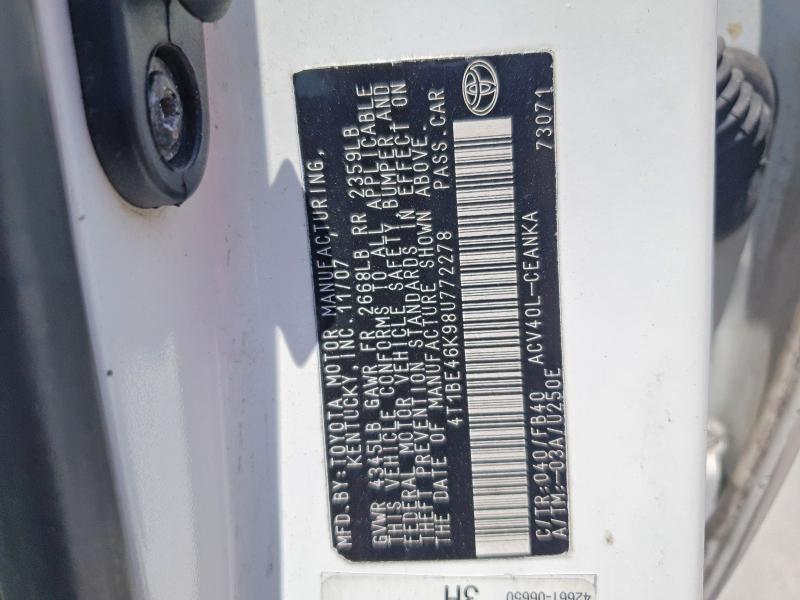 65275466 :رقم المزاد ، 4T1BE46K98U772278 vin ، 2008 Toyota Camry مزاد بيع