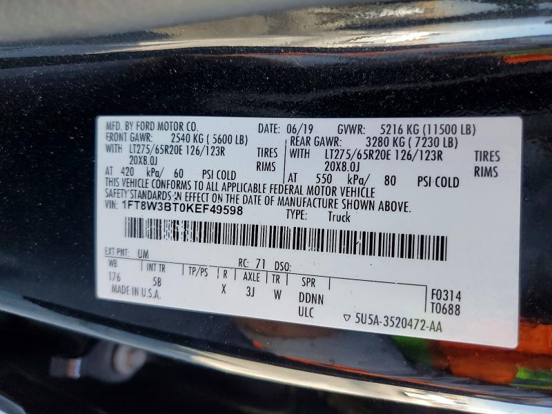 65668576 :رقم المزاد ، 1FT8W3BT0KEF49598 vin ، 2019 Ford F350 مزاد بيع