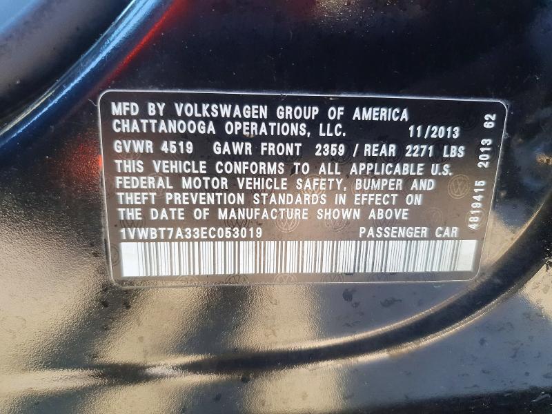 2014 Volkswagen Passat მანქანა იყიდება აუქციონზე, vin: 1VWBT7A33EC053019, აუქციონის ნომერი: 66782316