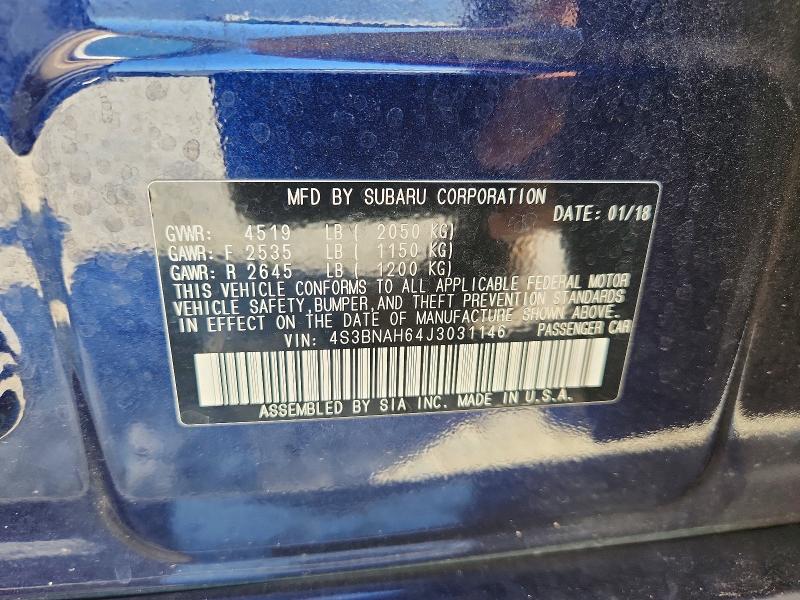 2018 Subaru Legacy მანქანა იყიდება აუქციონზე, vin: 4S3BNAH64J3031146, აუქციონის ნომერი: 65655616