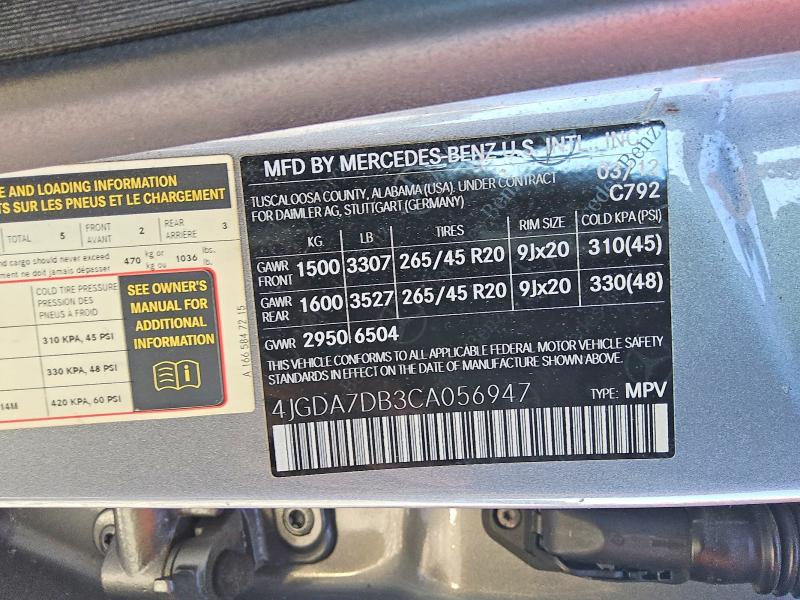 Продаж на аукціоні авто 2012 Mercedes-benz Ml, vin: 4JGDA7DB3CA056947, номер лоту: 63233376