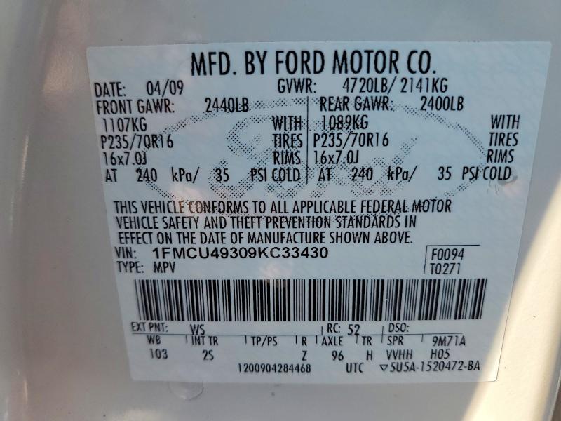 64282236 :رقم المزاد ، 1FMCU49309KC33430 vin ، 2009 Ford Escape مزاد بيع