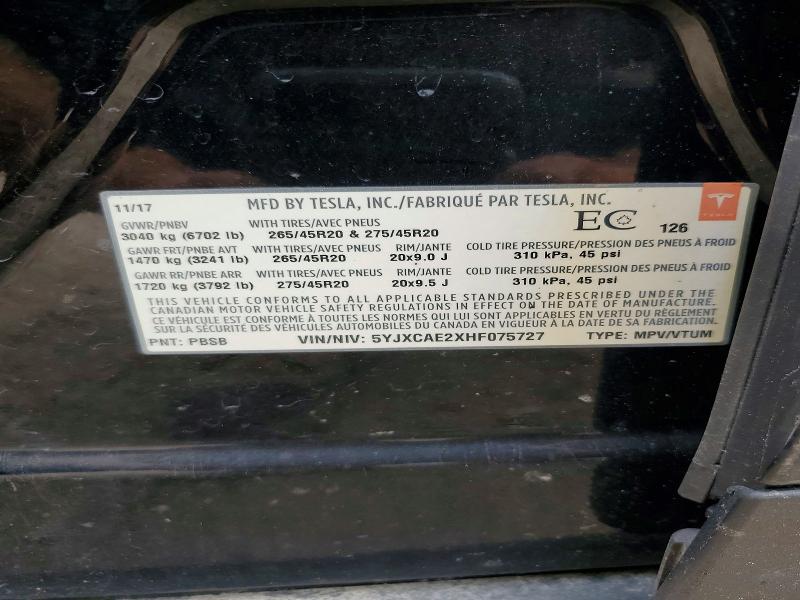 Продажа на аукционе авто 2017 Tesla Model X, vin: 5YJXCAE2XHF075727, номер лота: 64360226