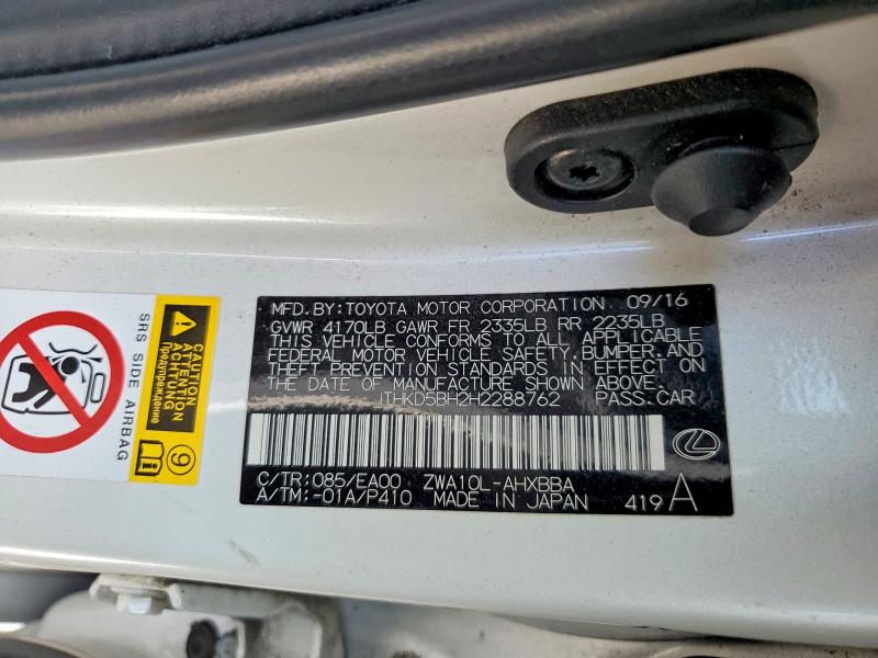 2017 Lexus Ct მანქანა იყიდება აუქციონზე, vin: JTHKD5BH2H2288762, აუქციონის ნომერი: 65415096