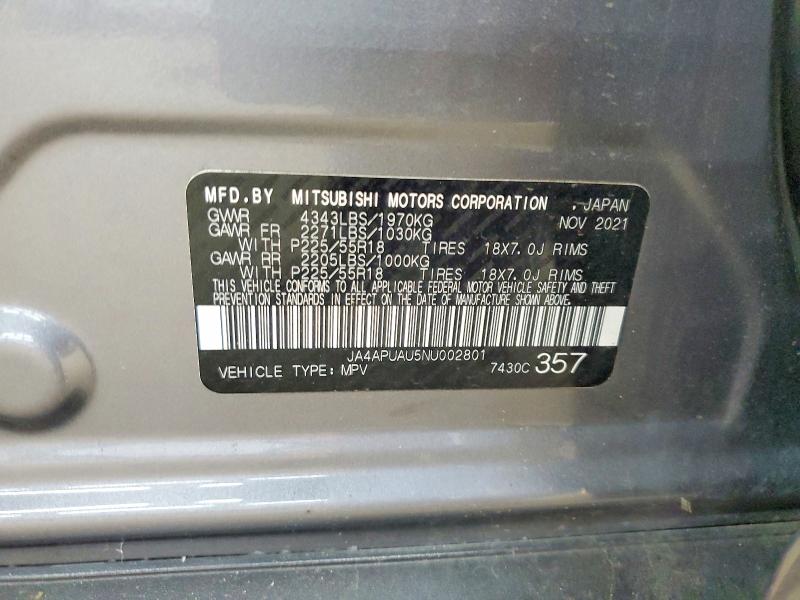 2022 Mitsubishi Outlander Sport მანქანა იყიდება აუქციონზე, vin: JA4APUAU5NU002801, აუქციონის ნომერი: 66737806