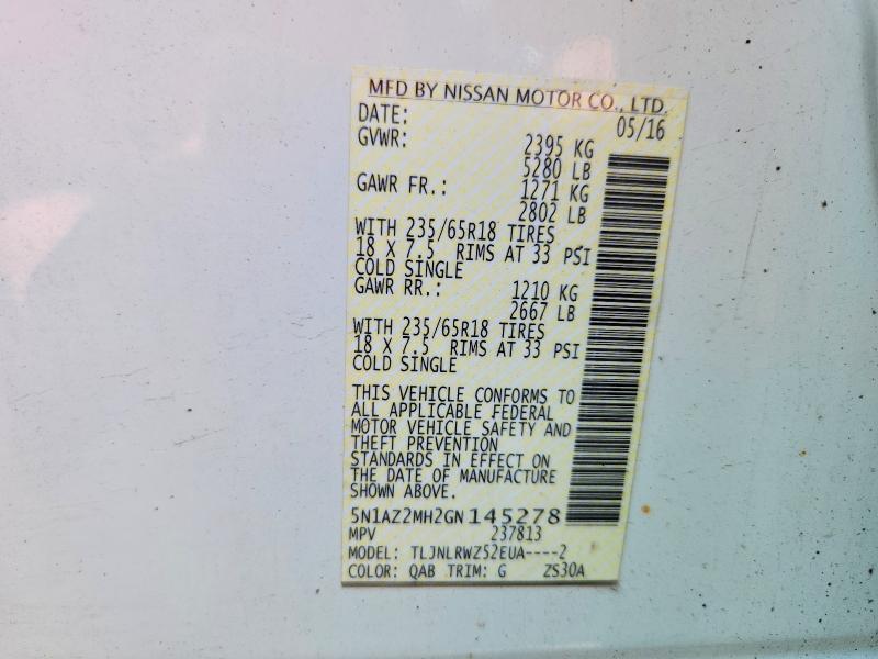 64284546 :رقم المزاد ، 5N1AZ2MH2GN145278 vin ، 2016 Nissan Murano مزاد بيع