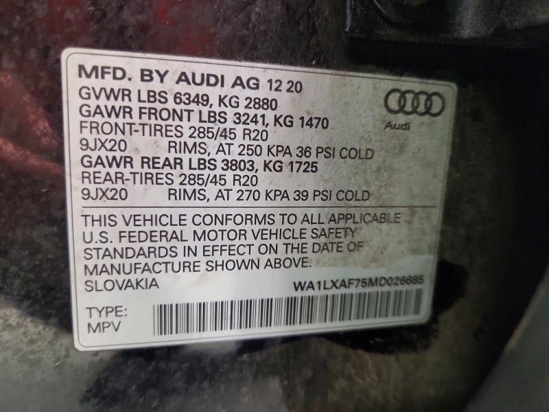 Aukcja sprzedaży 2021 Audi Q7, vin: WA1LXAF75MD026685, numer aukcji: 65057226