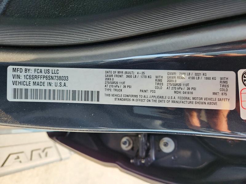 2025 Ram 1500 მანქანა იყიდება აუქციონზე, vin: 1C6SRFFP6SN738033, აუქციონის ნომერი: 64050156