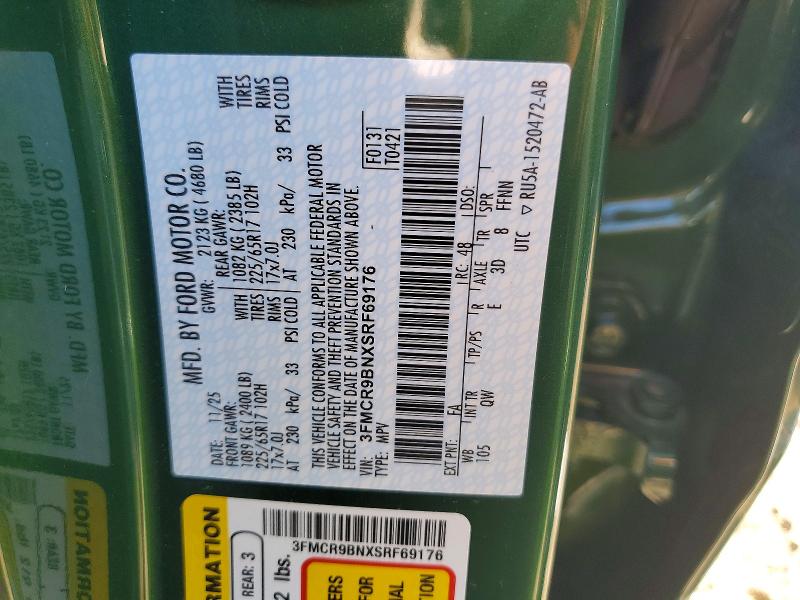 63834706 :رقم المزاد ، 3FMCR9BNXSRF69176 vin ، 2025 Ford Bronco Sport مزاد بيع