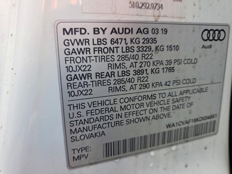 2019 Audi Q8 მანქანა იყიდება აუქციონზე, vin: WA1CVAF18KD034651, აუქციონის ნომერი: 63250146