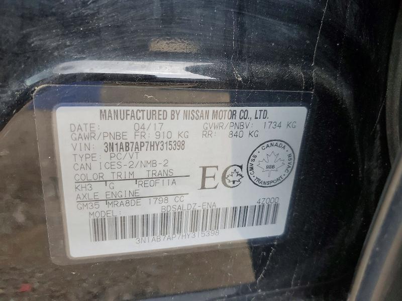 2017 Nissan Sentra მანქანა იყიდება აუქციონზე, vin: 3N1AB7AP7HY315398, აუქციონის ნომერი: 65089466