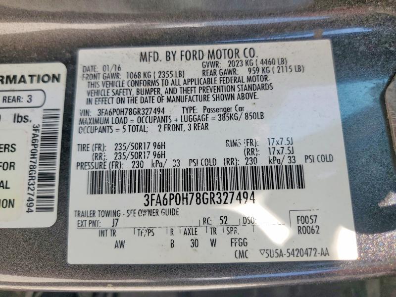 66319156 :رقم المزاد ، 3FA6P0H78GR327494 vin ، 2016 Ford Fusion مزاد بيع