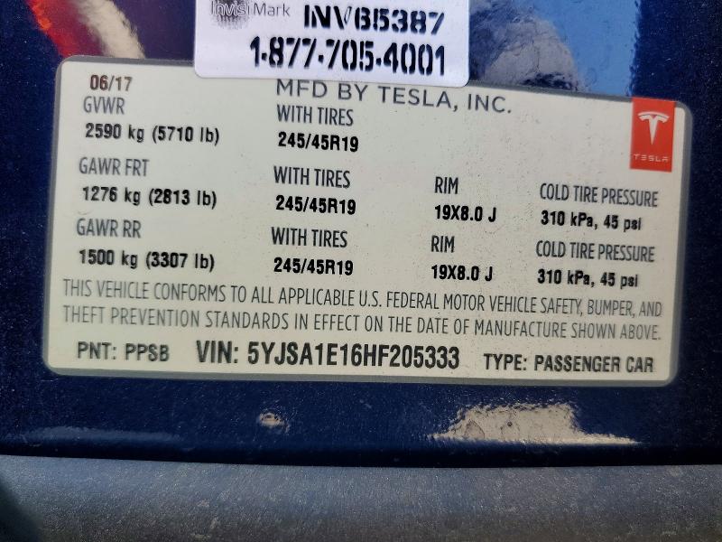 2017 Tesla Model S მანქანა იყიდება აუქციონზე, vin: 5YJSA1E16HF205333, აუქციონის ნომერი: 64241316
