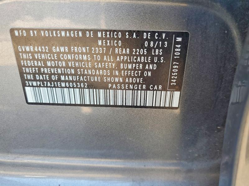 2014 Volkswagen Jetta მანქანა იყიდება აუქციონზე, vin: 3VWPL7AJ1EM605362, აუქციონის ნომერი: 65477446