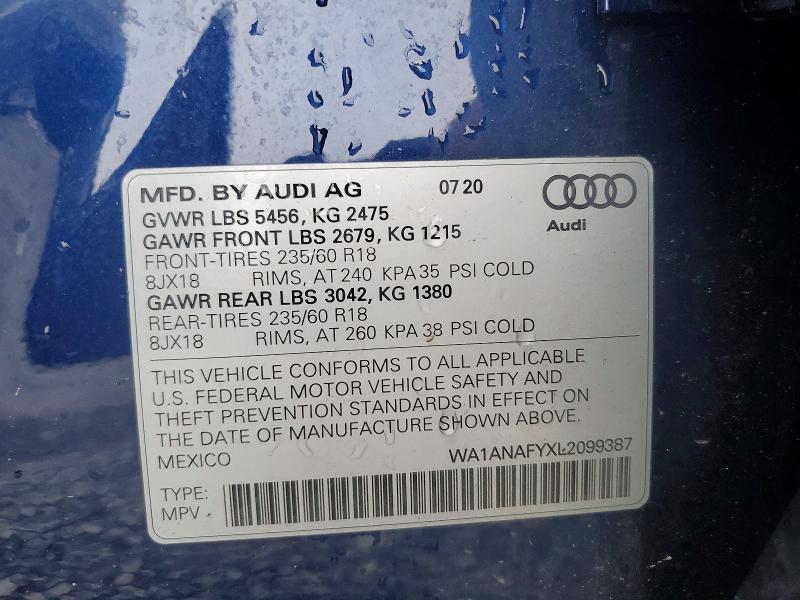 66525836 :رقم المزاد ، WA1ANAFYXL2099387 vin ، 2020 Audi Q5 مزاد بيع