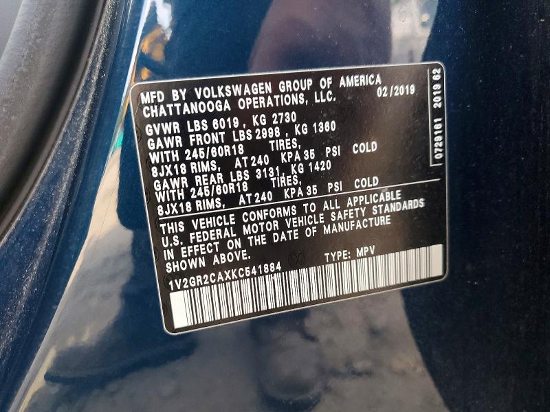 Auction sale of the 2019 Volkswagen Atlas, vin: 1V2GR2CAXKC541884, lot number: 67278186
