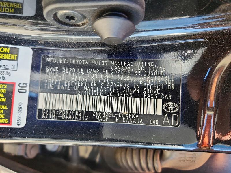Aukcja sprzedaży 2018 Toyota Corolla, vin: 2T1BURHE1JC105459, numer aukcji: 65747106