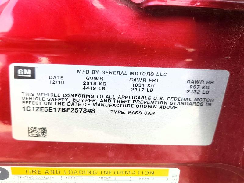 66667766 :رقم المزاد ، 1G1ZE5E17BF257348 vin ، 2011 Chevrolet Malibu مزاد بيع