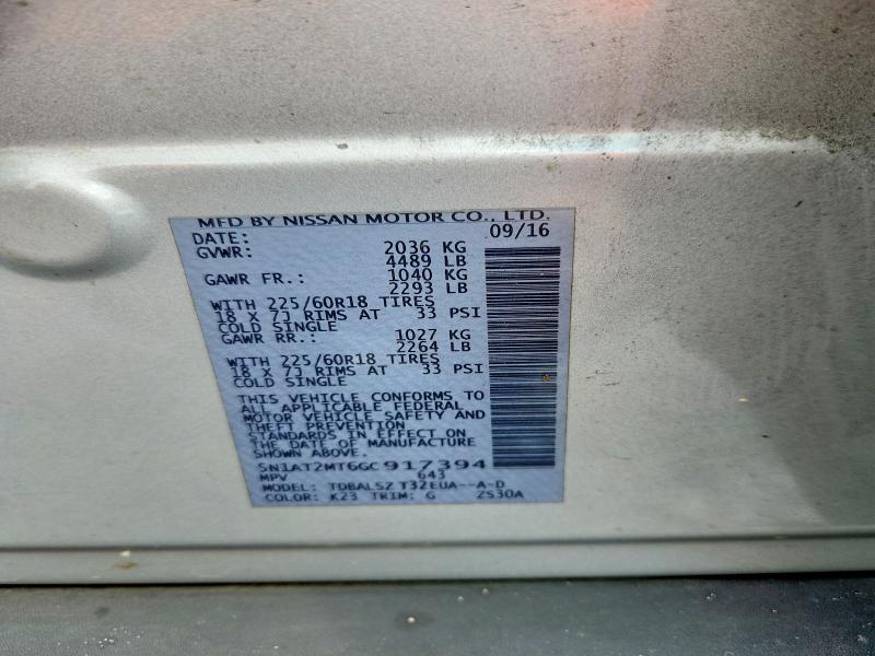 64692856 :رقم المزاد ، 5N1AT2MT6GC917394 vin ، 2016 Nissan Rogue مزاد بيع